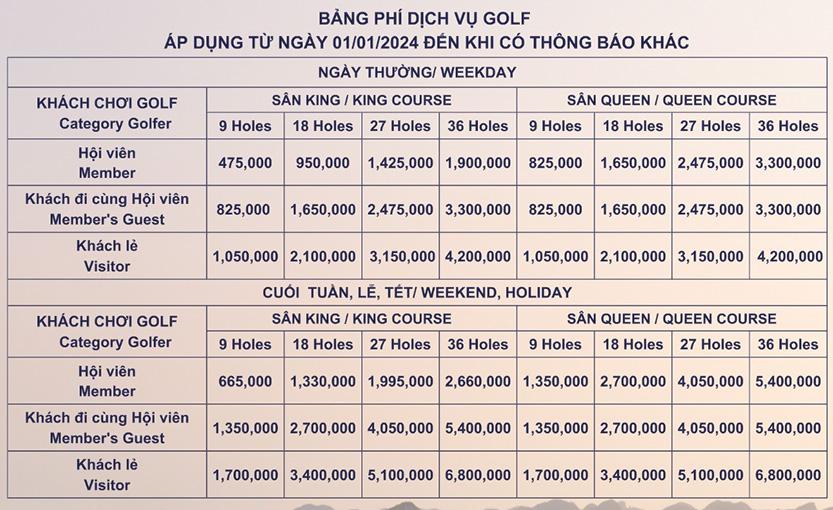 Bảng giá sân golf Hoàng Gia - Royal Golf Course